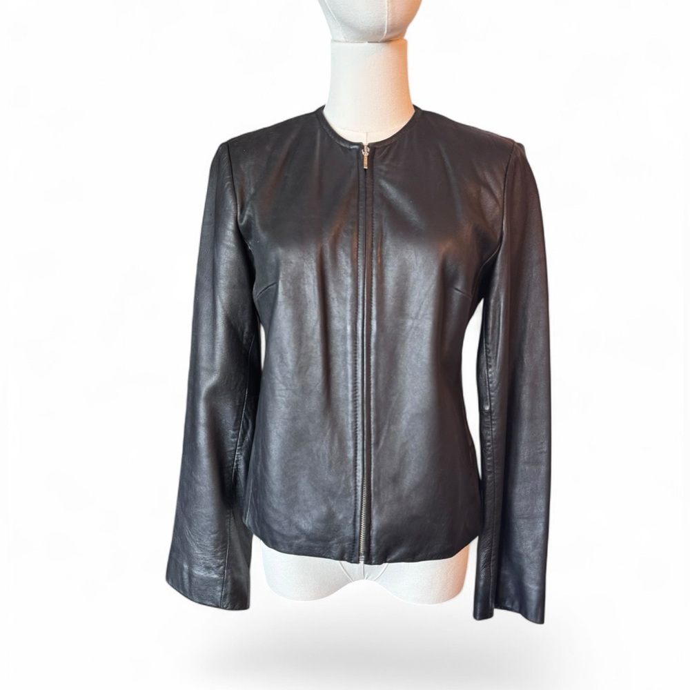 Minimalist Stone Mountain Black Leather Collarless Zip-Front Jacket Size XS